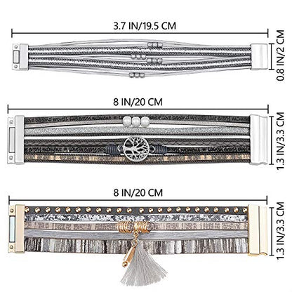 Wowanoo 3Pack Leather Cuff Bracelet Set Multilayer Wrap Bracelet Crystal Feather Tree Bracelet Magnetic Clasp Bracelet for Women - color: Grey