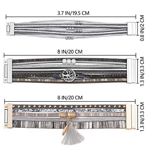 Wowanoo 3Pack Leather Cuff Bracelet Set Multilayer Wrap Bracelet Crystal Feather Tree Bracelet Magnetic Clasp Bracelet for Women - color: Grey