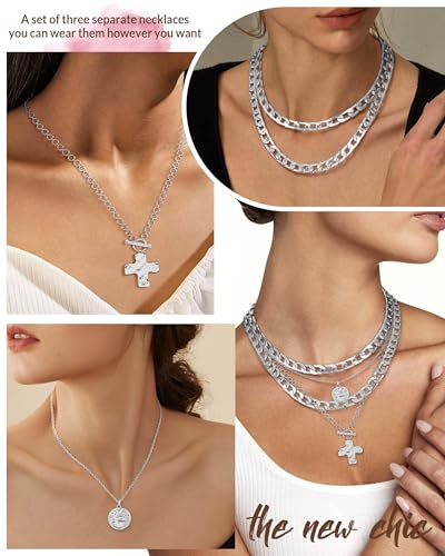 MJartoria Layered Necklaces for Women Trendy Retro Coin and Cross Pendant Necklace Dainty Chunky Chain Necklaces for Jewelry Birthday Gifts - color: Silver