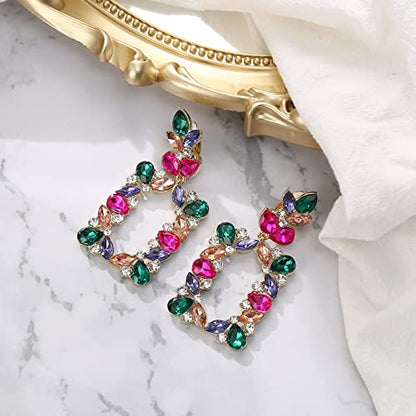Clip-on Dangle Earring Earrings Art Deco Sparkly Rhinestone Marquise Teardrop Rectangle Geometric Statement for Women - color: Multicolor Gold-Toned