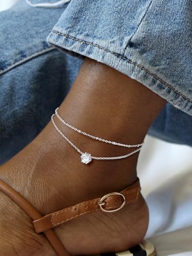 U7 Silver Ankle Bracelet for Women, Waterproof Layered Ankle Round Gem Birthstone Anklets, Summer Beach Foot Jewelry, Adjustable 8.5"-10.5" - color: 04.April-White Diamond