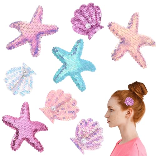 8pcs Glitter Seashell Hair Clip,Starfish Hair Clips Set,Little Mermaid Hairs Accessories,Cute Starfish Hairs Accessories for Girls,Beach Sea Star Hairpins for Women Girls