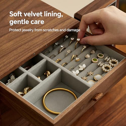 Black Walnut Wood Jewelry Box for Women, Large | Velvet Lined, 5 Drawers & Brass Feet, Earring Organizer, Traditional Chinese Pattern Handles - size: Double doors
