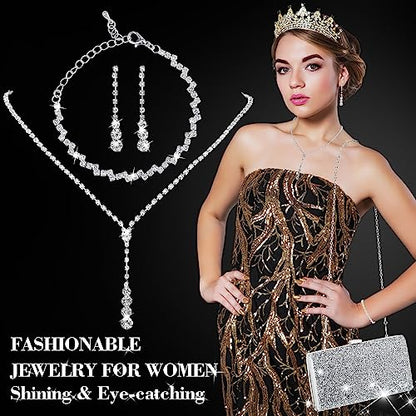 Mixweer 4 Pieces Clutch Purses Bag for Women Evening Rhinestone Jewelry Set Bling Necklace Earrings Bracelets Set for Wedding - style: Elaborate Style