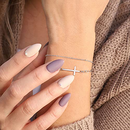 Dainty Gold Bracelets for Women, 14K Gold Plated Adjustable Layered Beads Bracelet Cute Evil Eye Oval Chain Pearl Bar Turtle Gold Bracelets for Women Jewelry - style: Beads Chain&Cross-Silver