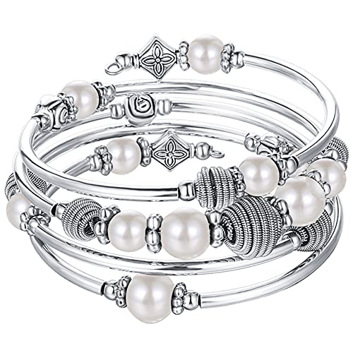 PEARL&CLUB Beaded Chakra Bangle Turquoise Bracelet - Fashion Jewelry Wrap Bracelet with Thick Silver Metal and Mala Beads, Birthday Gifts For Women - color: White Pearl