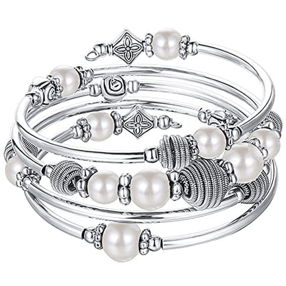 PEARL&CLUB Beaded Chakra Bangle Turquoise Bracelet - Fashion Jewelry Wrap Bracelet with Thick Silver Metal and Mala Beads, Birthday Gifts For Women - color: White Pearl
