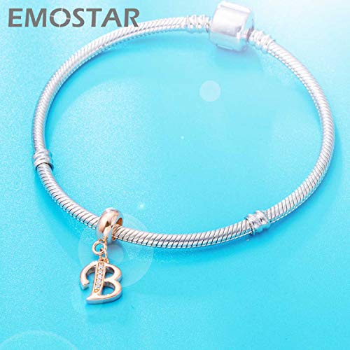 EMOSTAR Letter Charms Initial A-Z Alphabet Beads, Rose Gold 925 Sterling Silver Dangle CZ Birthstone Pendant, Gifts for European Charm Bracelet/Mothers Day/Birthday - color: Letter B