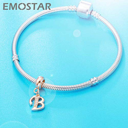 EMOSTAR Letter Charms Initial A-Z Alphabet Beads, Rose Gold 925 Sterling Silver Dangle CZ Birthstone Pendant, Gifts for European Charm Bracelet/Mothers Day/Birthday - color: Letter B