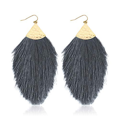 Bohemian Silky Thread Fan Fringe Tassel Statement Earrings - Lightweight Strand Feather Shape Dangles - color: Feather Fringe - Dark Gray