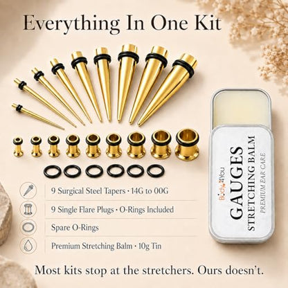 BodyJ4You 37PC Ear Gauge Stretching Kit 14G-00G - Aftercare Balm Tapers | Gauges for Ears Dead Stretching Lobe - Surgical Stainless Steel Single Flare Plugs - Flesh Tunnels O-Rings Expander Men Women - color: Goldtone, Single Flare