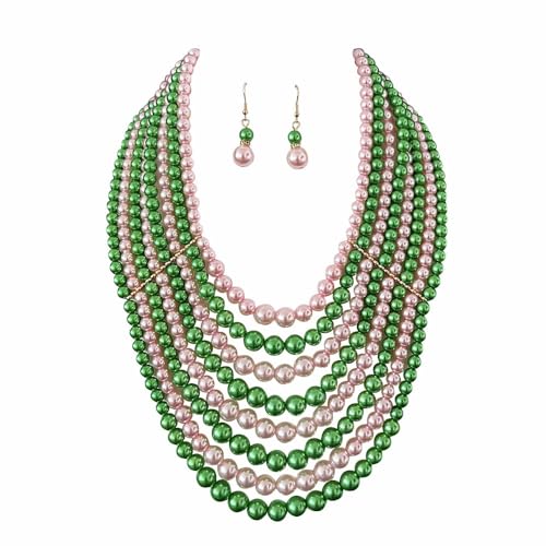 Multilayer Strand Chain Faux Pearls Flapper Beads Cluster Long Choker Necklace - color: Pink Green Necklace（Mix Random）