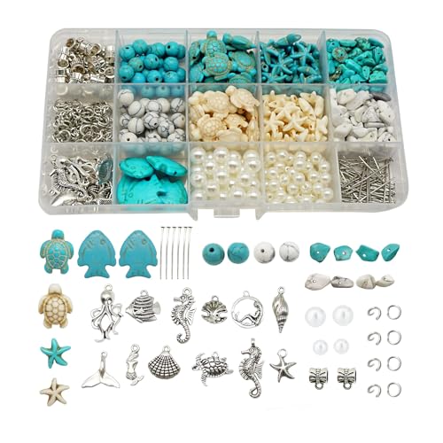 Julie Wang 422PCS Mixed Beach Ocean Jewelry Making Kit, Man-made Turquoise Starfish Turtle Beads Charm & Antique Silver Alloy Sea Animal Pendants, for Bracelet Necklace Earring Craft DIY Supplies - color: Style C-422PCS