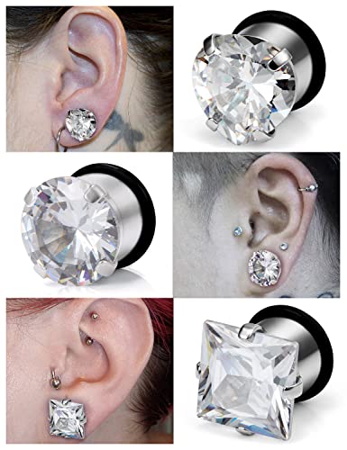 8G 6G 4G 2G 0G 1/2 inch Stainless Steel Ear Gauges - Round, Square, Heart, Cubic Zirconia - 3mm to 12mm - Silver, 3 Pairs - color: Gauge=1/2"=12mm