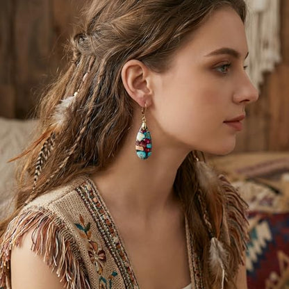 Natural Healing Teardrop Stone Leverback Dangle Drop Earrings Statement Gold earrings - color: Blue -Gold