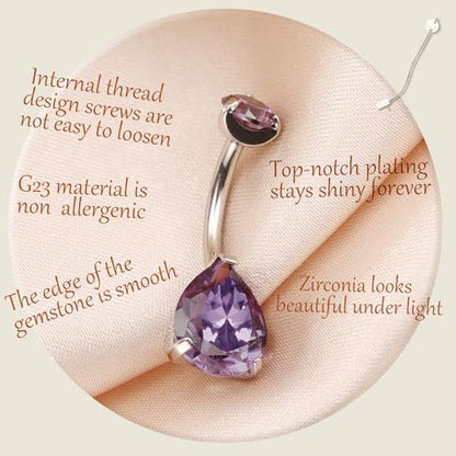 AROWRO Gold Belly Button Ring G23 Titanium Hypoallergenic 14G belly ring for Women Men Teardrop Navel Piercing Jewelry 10mm Barbell With Cubic Zircon - color: Silver+Teardrop Purple CZ