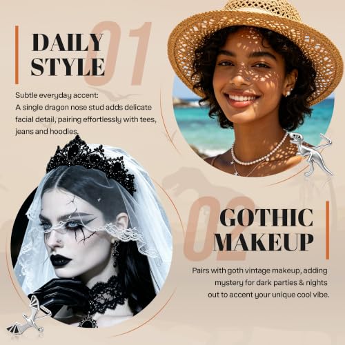6PCS Dragon Nose Stud Gothic Nostril Ring for Women Men | 316L Surgical Stainless Steel, Fantasy Punk Piercing Jewelry, For Sensitive Skin, L-Shape - color: Gold