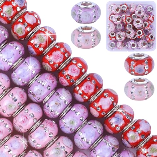AIPRIDY Lucky Amber Beads and Spacers European Craft Beads with Rhinestones for DIY Charms Bracelet Jewelry Making (Pink+Red+Rose Rose Floral, 50 PCS) - color: Pink+Red+Rose Rose Floral, size: 50 PCS Rose Floral
