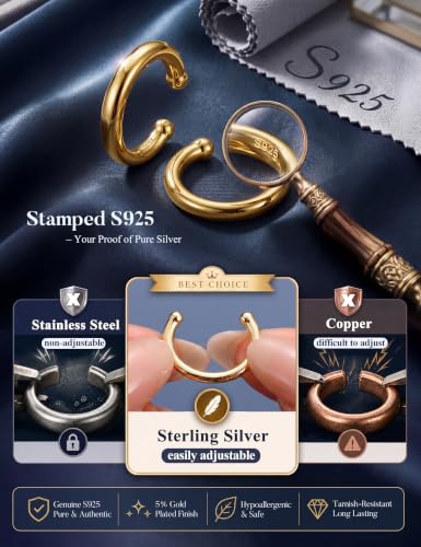 Subiceto 925 Sterling Silver Ear Cuffs Non Piercing - Adjustable Hypoallergenic 14K Gold Plated Clip On Earrings for Women Cubic Zirconia Silver Ear Cuff Helix Cartilage Fake Piercing - color: 05 Simple Gold Tone