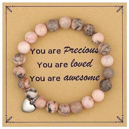 MIXJOY Inspirational Gifts for Women, Heart Charm Pink Elastic Beads Bracelet, Positive Affirmations Get Well Soon Gifts - style: steel heart precious loved pink