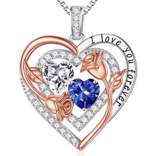 Iefil Heart Birthstone Necklace for Women - Double Birthstone Jewelry | 925 Sterling Silver, Gift Box Packaging, Anniversary Birthday Gifts for Women Wife Mom - color: 04-12-Apr-Dec Birthstone