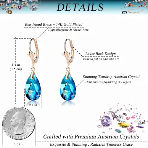 Austrian Crystal Teardrop Leverback Dangle Earrings for Women Fashion 14K Gold Plated Hypoallergenic Jewelry - color: Bermuda Blue