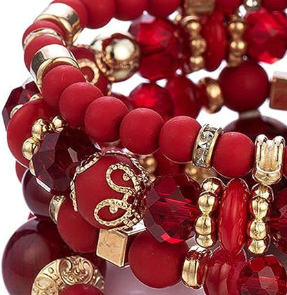 Women Beaded Bracelet Set | Colorful Boho Stackable Trendy Design with Crystal Accents Multilayer Bangle Bracelet | Fashion Stretch Braclets Jewelry for Women - color: Dark Red