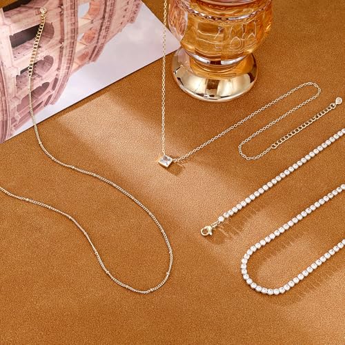 CHESKY 14K Gold Plated Layered Necklaces for Womens Trendy,Dainty Tennis Necklaces Simple CZ Pendant Stack Jewelry Gifts