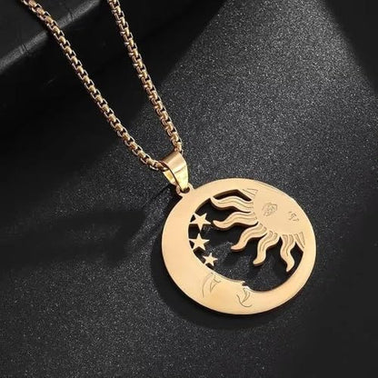 Sun Moon Star Hollow Pendant Box Chain Necklace for Women | Hollow sun moon star design represents companionship, smooth polished, versatile daily jewelry for women - color: golden