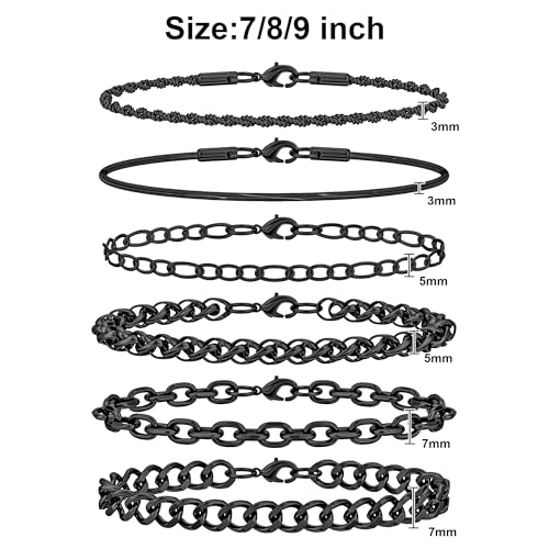 6PCS Stainless Steel Bracelets for Men Women, Silver Gold Black Cuban Link Rope Snake Wheat Chain Paperclip Figaro Jewelry Set, 7/8/9 Inches - color: Black, size: 8 inches