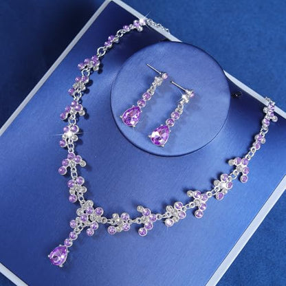 Crystal Crown and Tiara Jewelry Set for Women Bride with Necklace Earrings | Metal Rhinestone Royal Queen Princess Jewelry Set Wedding Quinceanera Pageant Prom Birthday Halloween Party Costume Gift - color: Style E-Purple