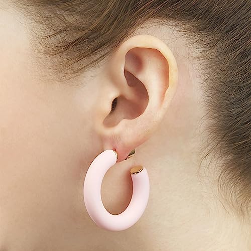 Gold Plated Multicolor Resin Chunky Thick Open Hoop Earrings in 57MM and 37.5MM Diameters - color: Pink - Pastel - Matte Finish, size: 37.5MM (1.48") Diameter
