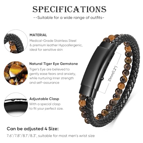 VNOX Men's Inspirational Mantra Engarved Handmade Braided Leather Adjustable Cuff Bangle Bracelet Encouragement Motivational Gift for Men - style: Black-Tiger eye