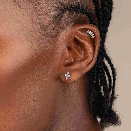 G23 Titanium 16G Tragus Conch Piercing Jewelry Flat Back Stud Earrings | Hypoallergenic CZ Nose Dangle Helix Medusa Lip Labret Body Piercing Jewelry, 14K Gold Plated, Silver, 6 and 8 mm Post Length - color: Marquise Flow-Titanium
