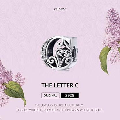 BISAER 925 Sterling Silver Initial Letter A-Z Charms for Bracelets Alphabet Beads Charm Jewelry Gifts - color: Letter C