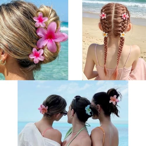 Flower Hair Claw Clip Set,1 Pc Large and 2 Pcs Small Hawaiian Plumeria Claw Clips,Beach Tropical Hair Accessories for Women (Pink) - color: Pink