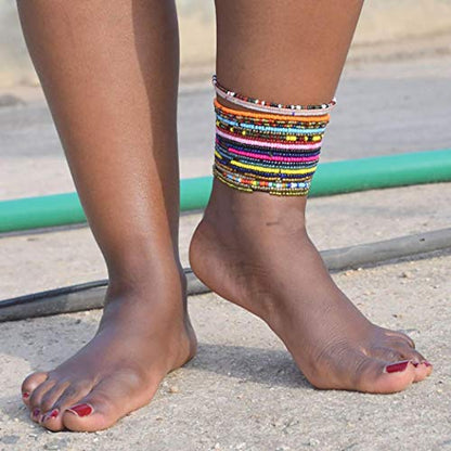 African Beads Anklet 18pcs Boho Beaded Ankle Bracelet Elastic Bead Foot Chain Jewelry for Women (Colours)