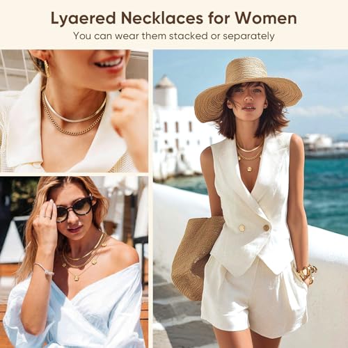 MPRAINBOW Gold Layered Necklace for Women - 3Pcs 18K Gold Plated Floral Necklaces, Stainless Steel Stackable Cuban Link Chain Non Tarnish Trendy Jewelry, Herringbone Chains Christmas Birthday Gifts - color: Gold