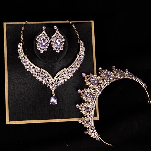 Crowns and Tiaras jewelry sets for Wedding princess birthday party Halloween Prom Pageant Jewelry for Women Crystal Bridal Jewelry Set for women - color: Gold Purple