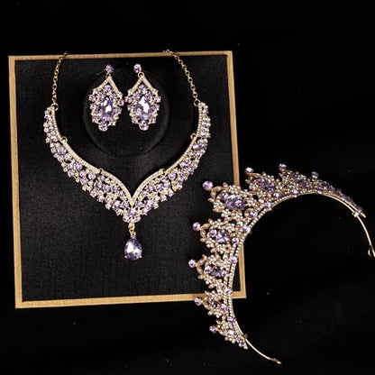 Crowns and Tiaras jewelry sets for Wedding princess birthday party Halloween Prom Pageant Jewelry for Women Crystal Bridal Jewelry Set for women - color: Gold Purple