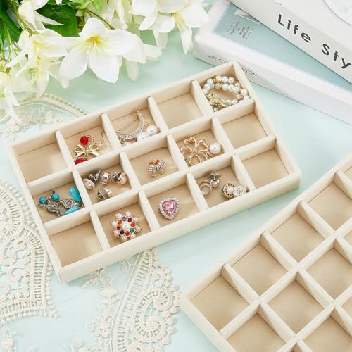 2Pcs 5 x 8.3 Inch Stackable Jewelry Trays Earring Holder Organizer Antique White 15 Grids Velvet Dresser Jewelry Drawer with Removable Divider for Bracelet Ring Watch Trinket Display Showcase - style: White 15 Grids