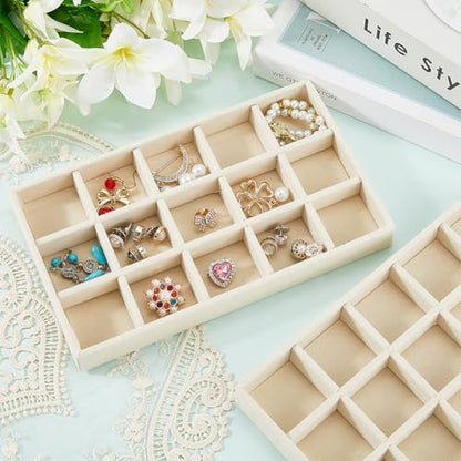 2Pcs 5 x 8.3 Inch Stackable Jewelry Trays Earring Holder Organizer Antique White 15 Grids Velvet Dresser Jewelry Drawer with Removable Divider for Bracelet Ring Watch Trinket Display Showcase - style: White 15 Grids