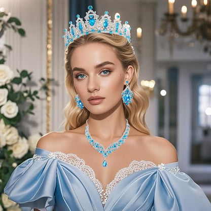 Crowns and Tiaras jewelry sets for Wedding princess birthday party Halloween Prom Pageant Jewelry for Women Crystal Bridal Jewelry Set for women - color: Silver lack bule
