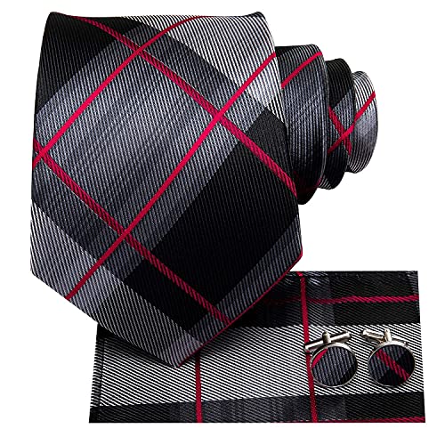 Hi-Tie Men 63inches Tie Set Extra Long Necktie Paisley Tie Pocket Suqare Cufflinks Big and Tall Men Tie - color: Black Red