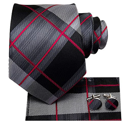 Hi-Tie Men 63inches Tie Set Extra Long Necktie Paisley Tie Pocket Suqare Cufflinks Big and Tall Men Tie - color: Black Red