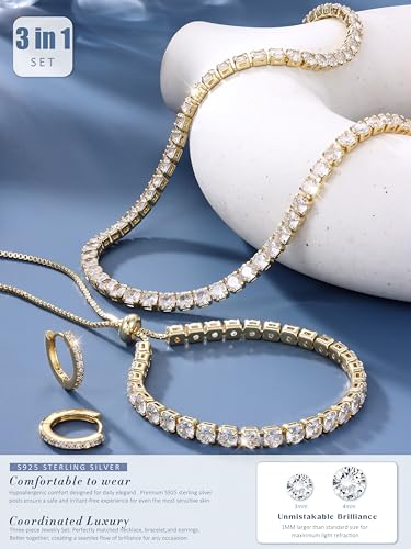 Jstyle 925 Sterling Silver Jewelry Set for Women - Dainty Tennis Necklace Bracelet Earrings Set Hypoallergenic Rhinestone Wedding Jewelry Sets for Brides Bridesmaids Crystal Prom Costume Accessories - color: Style B: 14K Gold Plated