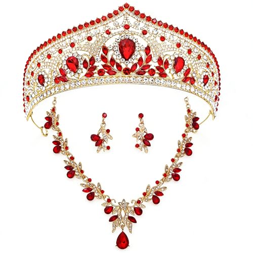 Princess Tiara Crown and Jewelry Sets for Women Wedding Rhinestone Crystal Tiaras and Crowns with Necklace Earrings Party Birthday Accessories - color: Gold Red