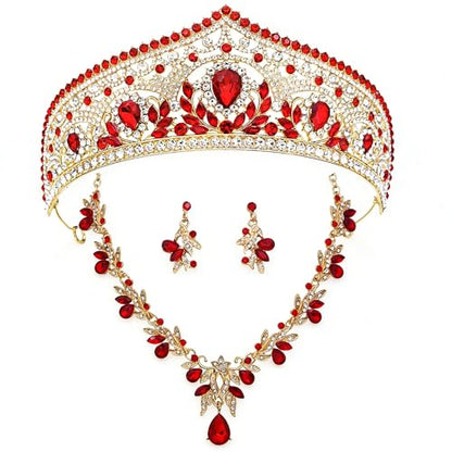 Princess Tiara Crown and Jewelry Sets for Women Wedding Rhinestone Crystal Tiaras and Crowns with Necklace Earrings Party Birthday Accessories - color: Gold Red