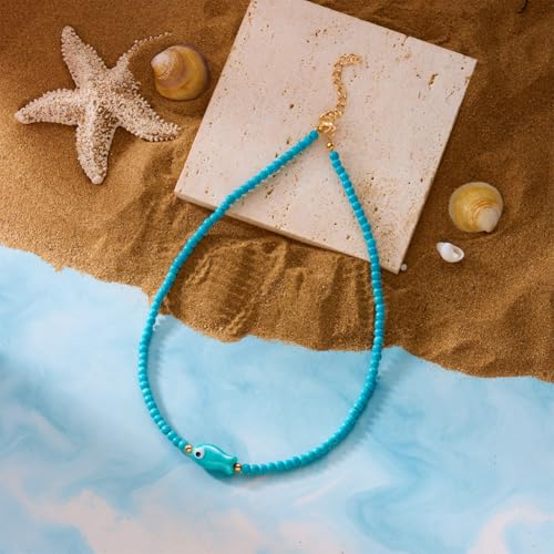 Seed Bead Choker Necklace for Women Bohemian Tiny Beads Choker Colorful Rice Bead Starfish Choker Summer Surfer Beach Necklace Jewelry Gift - color: B-Blue Fish