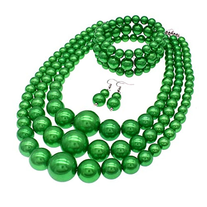 Big Chunky Pearl Necklace and Earrings Set Large Costume 1920s Faux Pearls Gatsby Accessories - color: A-Green